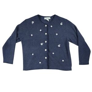 Petite Sophisticate Navy Blue Floral Embroidered Button Front Cardigan Sweater S